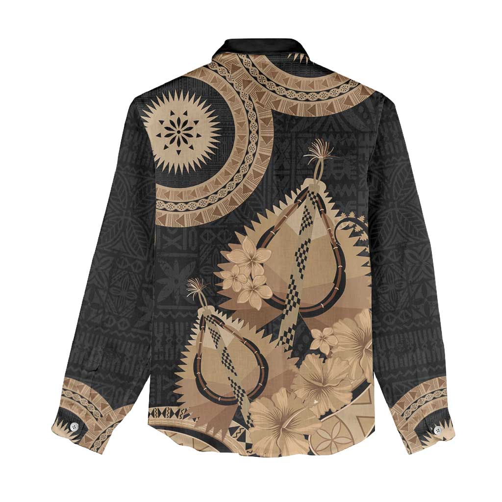 Black Bula Fiji Women Casual Shirt Fijian Dance Fan Tapa Cloth Pattern LT14 - Polynesian Pride