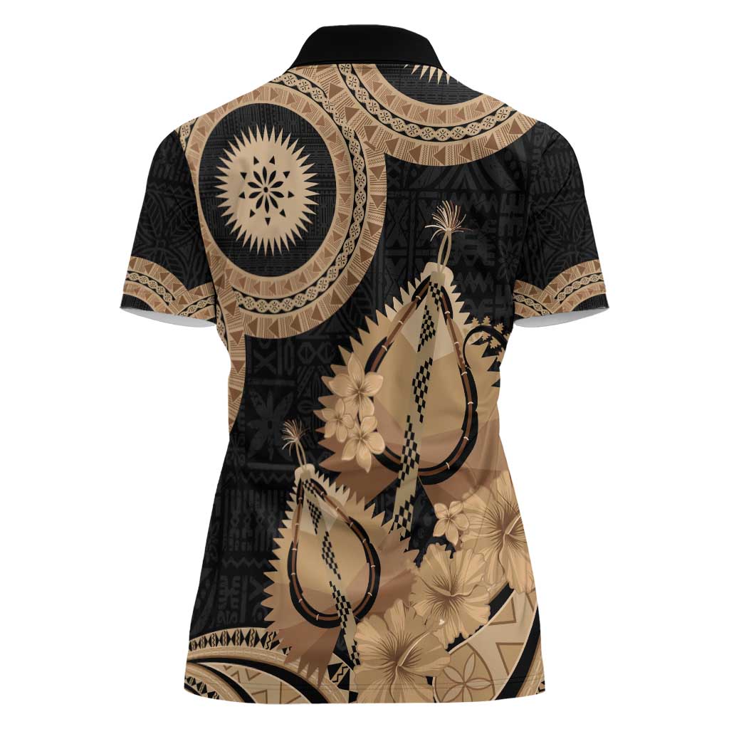 Black Bula Fiji Women Polo Shirt Fijian Dance Fan Tapa Cloth Pattern LT14 - Polynesian Pride