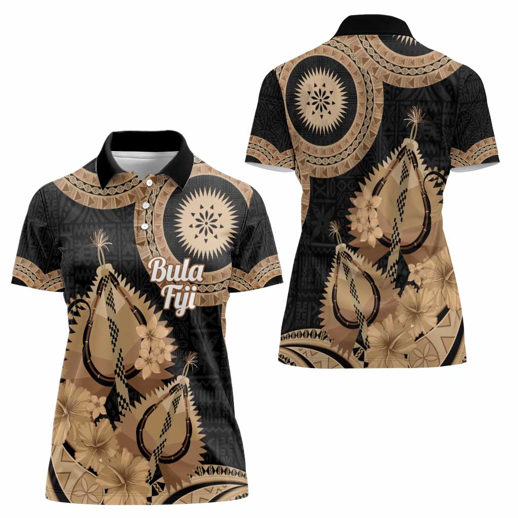 Black Bula Fiji Women Polo Shirt Fijian Dance Fan Tapa Cloth Pattern LT14 - Polynesian Pride