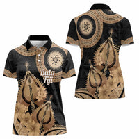 Black Bula Fiji Women Polo Shirt Fijian Dance Fan Tapa Cloth Pattern LT14 - Polynesian Pride