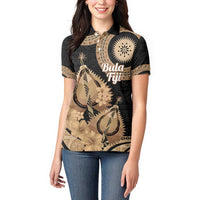 Black Bula Fiji Women Polo Shirt Fijian Dance Fan Tapa Cloth Pattern LT14 - Polynesian Pride