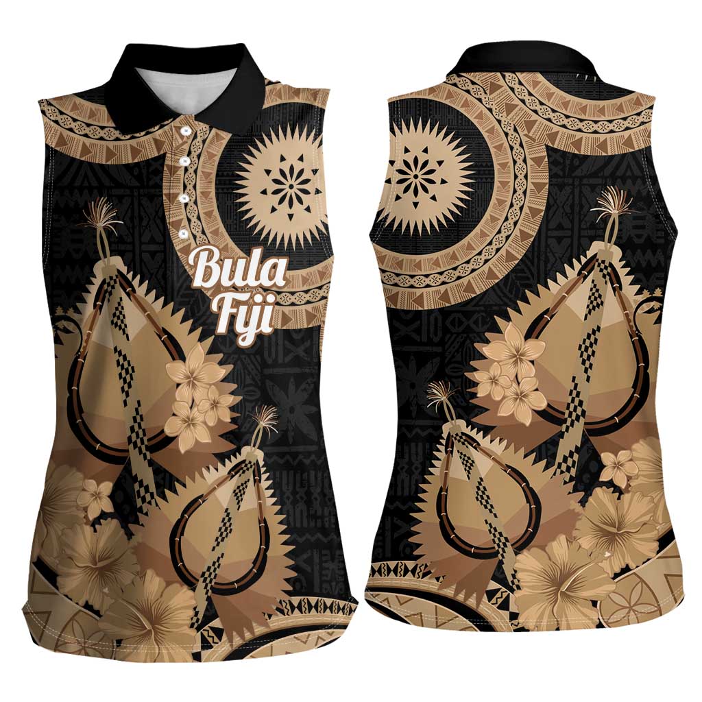 Black Bula Fiji Women Sleeveless Polo Shirt Fijian Dance Fan Tapa Cloth Pattern LT14 - Polynesian Pride