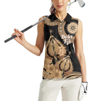 Black Bula Fiji Women Sleeveless Polo Shirt Fijian Dance Fan Tapa Cloth Pattern LT14 - Polynesian Pride