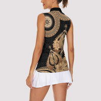 Black Bula Fiji Women Sleeveless Polo Shirt Fijian Dance Fan Tapa Cloth Pattern LT14 - Polynesian Pride