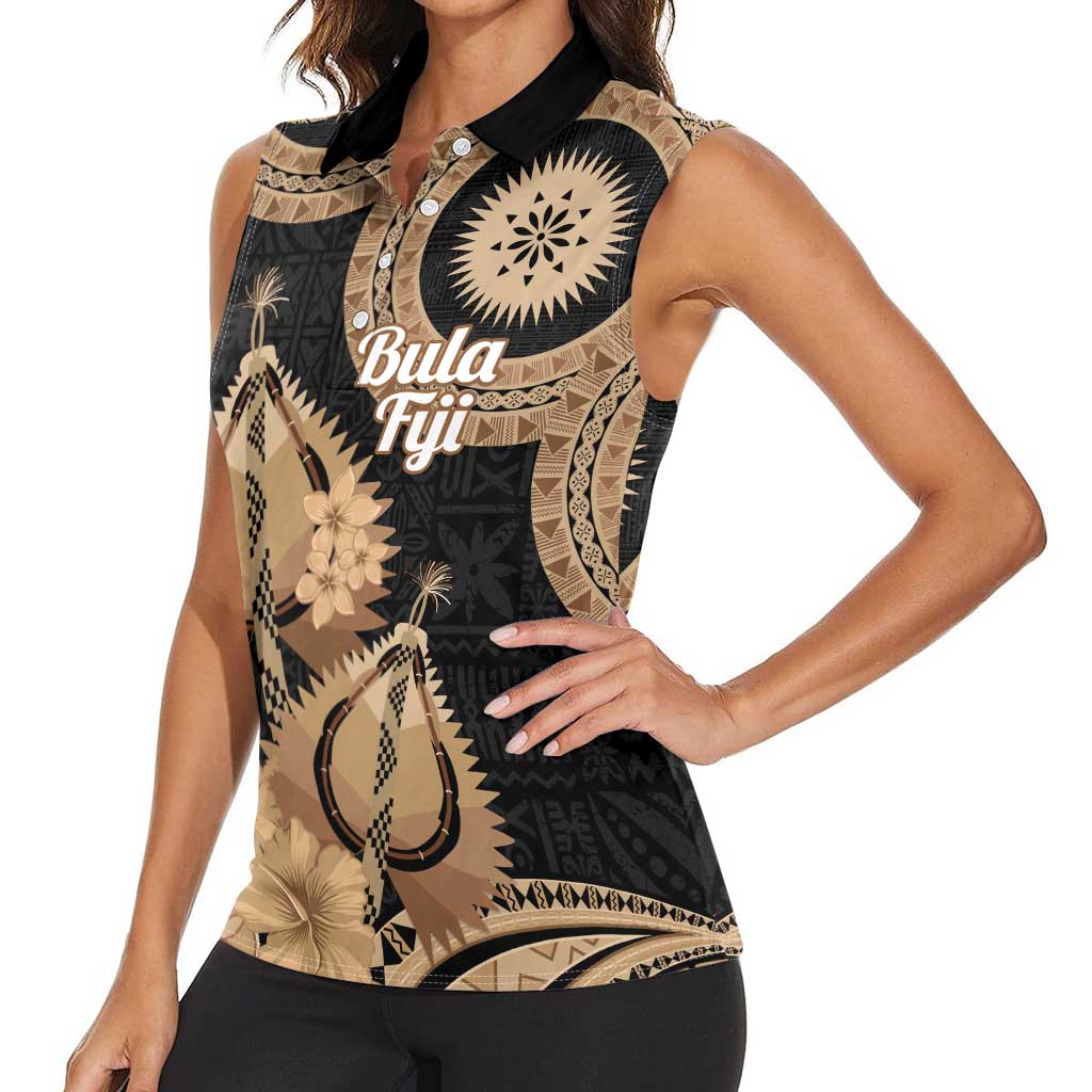 Black Bula Fiji Women Sleeveless Polo Shirt Fijian Dance Fan Tapa Cloth Pattern LT14 - Polynesian Pride