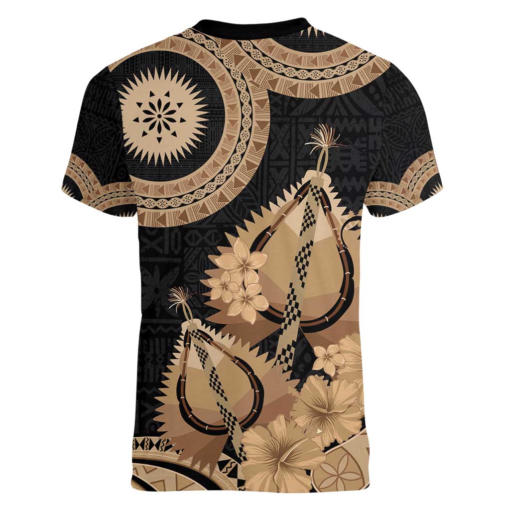 Black Bula Fiji Women V-Neck T-Shirt Fijian Dance Fan Tapa Cloth Pattern LT14 - Polynesian Pride