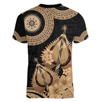 Black Bula Fiji Women V-Neck T-Shirt Fijian Dance Fan Tapa Cloth Pattern LT14 - Polynesian Pride