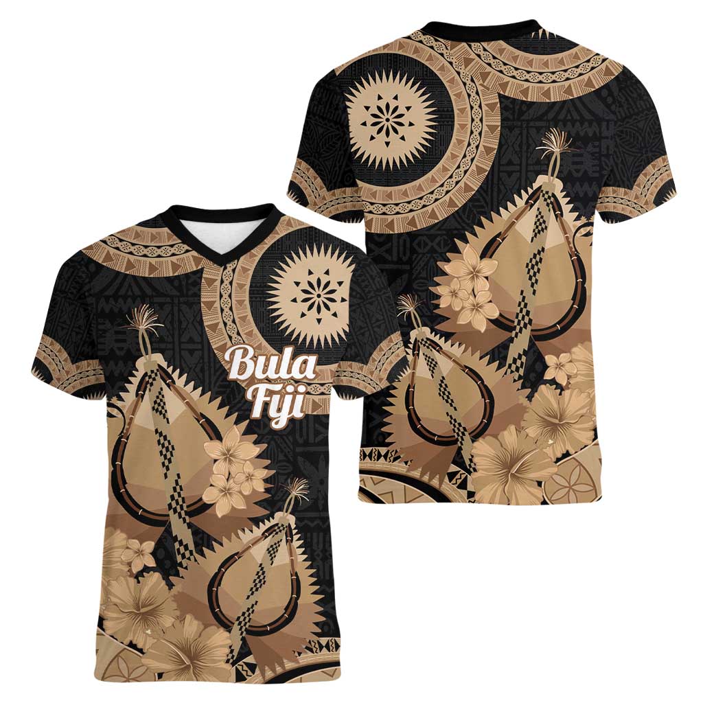 Black Bula Fiji Women V-Neck T-Shirt Fijian Dance Fan Tapa Cloth Pattern LT14 - Polynesian Pride