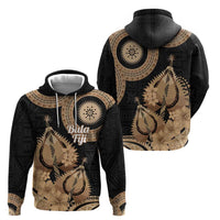 Black Bula Fiji Zip Hoodie Fijian Dance Fan Tapa Cloth Pattern