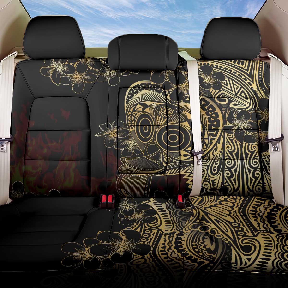 Frangipani Festival Rabaul Back Car Seat Cover PNG Tribal Baining Mask Tattoo LT14 One Size Black - Polynesian Pride