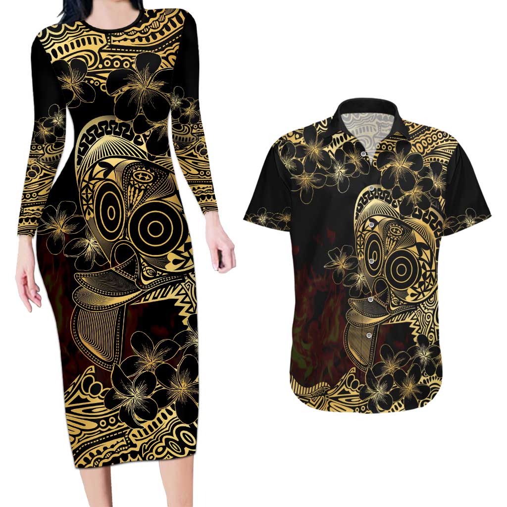 Frangipani Festival Rabaul Couples Matching Long Sleeve Bodycon Dress and Hawaiian Shirt PNG Tribal Baining Mask Tattoo LT14 Black - Polynesian Pride
