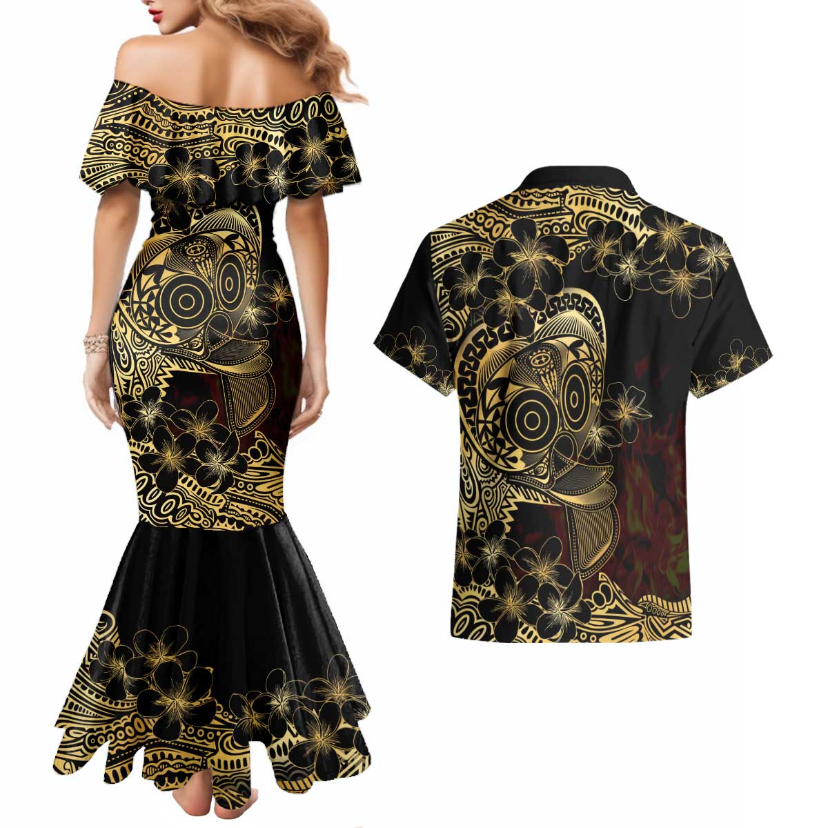 Frangipani Festival Rabaul Couples Matching Mermaid Dress and Hawaiian Shirt PNG Tribal Baining Mask Tattoo LT14 - Polynesian Pride