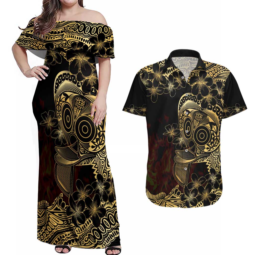 Frangipani Festival Rabaul Couples Matching Off Shoulder Maxi Dress and Hawaiian Shirt PNG Tribal Baining Mask Tattoo LT14 Black - Polynesian Pride