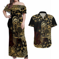 Frangipani Festival Rabaul Couples Matching Off Shoulder Maxi Dress and Hawaiian Shirt PNG Tribal Baining Mask Tattoo LT14 Black - Polynesian Pride