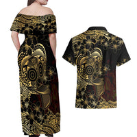 Frangipani Festival Rabaul Couples Matching Off Shoulder Maxi Dress and Hawaiian Shirt PNG Tribal Baining Mask Tattoo LT14 - Polynesian Pride