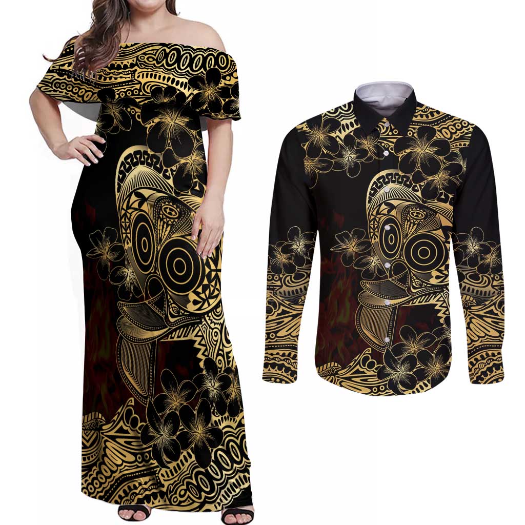 Frangipani Festival Rabaul Couples Matching Off Shoulder Maxi Dress and Long Sleeve Button Shirt PNG Tribal Baining Mask Tattoo LT14 Black - Polynesian Pride