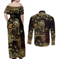 Frangipani Festival Rabaul Couples Matching Off Shoulder Maxi Dress and Long Sleeve Button Shirt PNG Tribal Baining Mask Tattoo LT14 - Polynesian Pride