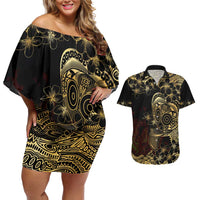 Frangipani Festival Rabaul Couples Matching Off Shoulder Short Dress and Hawaiian Shirt PNG Tribal Baining Mask Tattoo LT14 Black - Polynesian Pride