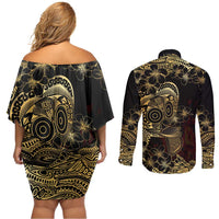 Frangipani Festival Rabaul Couples Matching Off Shoulder Short Dress and Long Sleeve Button Shirt PNG Tribal Baining Mask Tattoo LT14 - Polynesian Pride