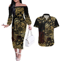 Frangipani Festival Rabaul Couples Matching Off The Shoulder Long Sleeve Dress and Hawaiian Shirt PNG Tribal Baining Mask Tattoo LT14 Black - Polynesian Pride