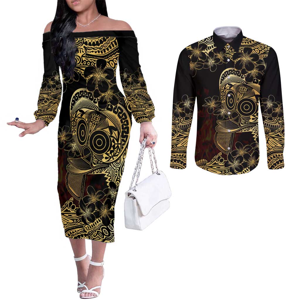 Frangipani Festival Rabaul Couples Matching Off The Shoulder Long Sleeve Dress and Long Sleeve Button Shirt PNG Tribal Baining Mask Tattoo LT14 Black - Polynesian Pride