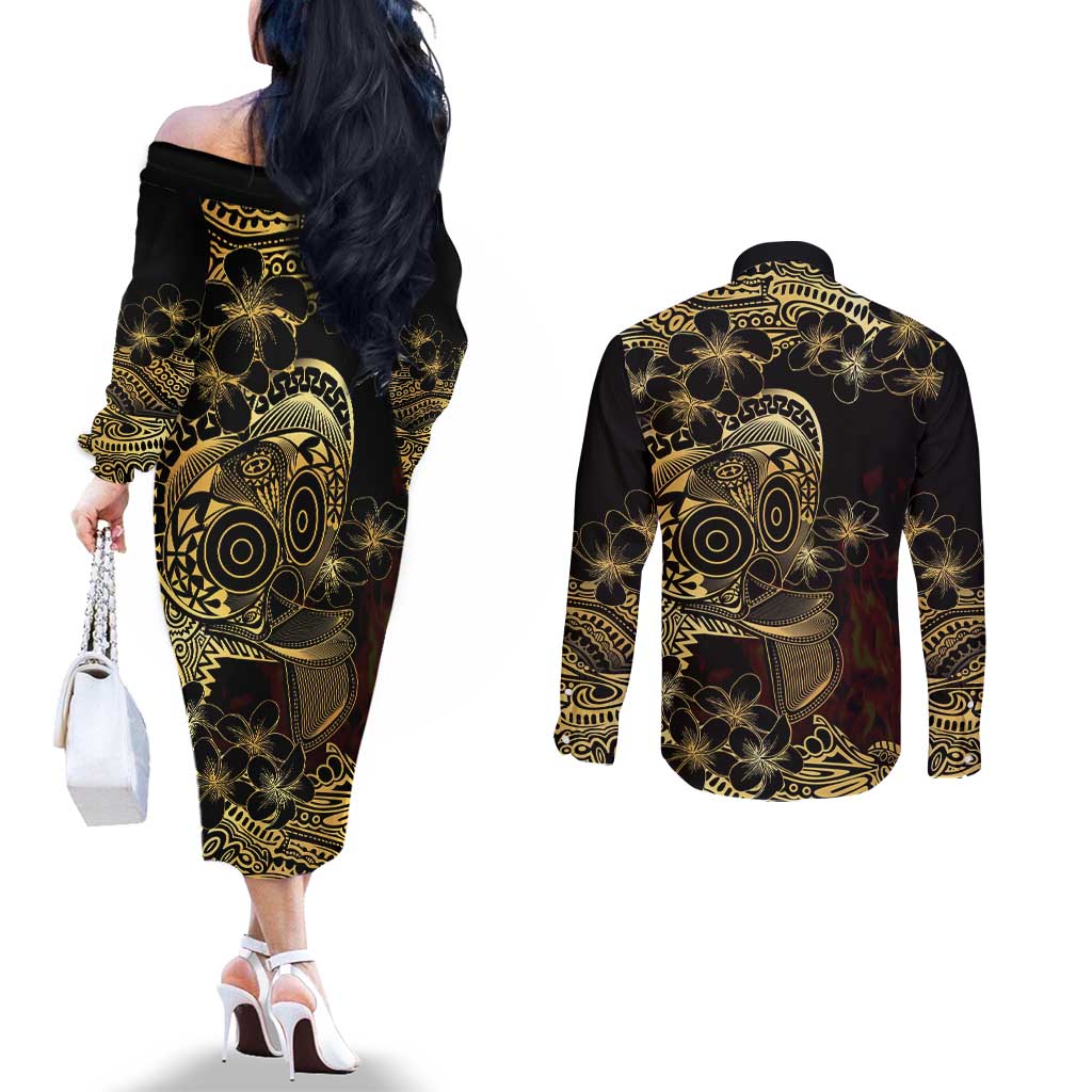 Frangipani Festival Rabaul Couples Matching Off The Shoulder Long Sleeve Dress and Long Sleeve Button Shirt PNG Tribal Baining Mask Tattoo LT14 - Polynesian Pride