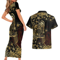 Frangipani Festival Rabaul Couples Matching Short Sleeve Bodycon Dress and Hawaiian Shirt PNG Tribal Baining Mask Tattoo LT14 - Polynesian Pride
