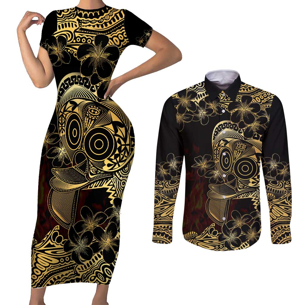 Frangipani Festival Rabaul Couples Matching Short Sleeve Bodycon Dress and Long Sleeve Button Shirt PNG Tribal Baining Mask Tattoo LT14 Black - Polynesian Pride