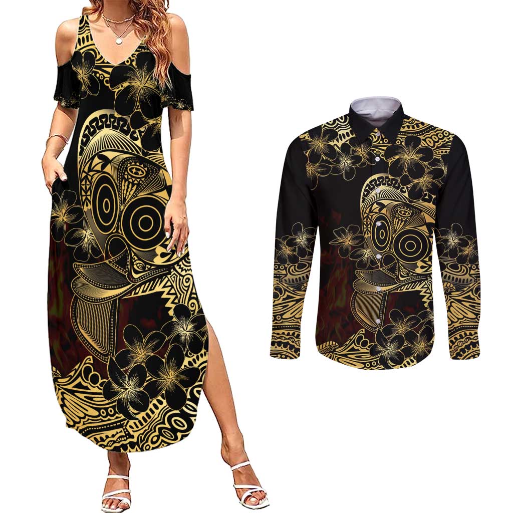 Frangipani Festival Rabaul Couples Matching Summer Maxi Dress and Long Sleeve Button Shirt PNG Tribal Baining Mask Tattoo LT14 Black - Polynesian Pride