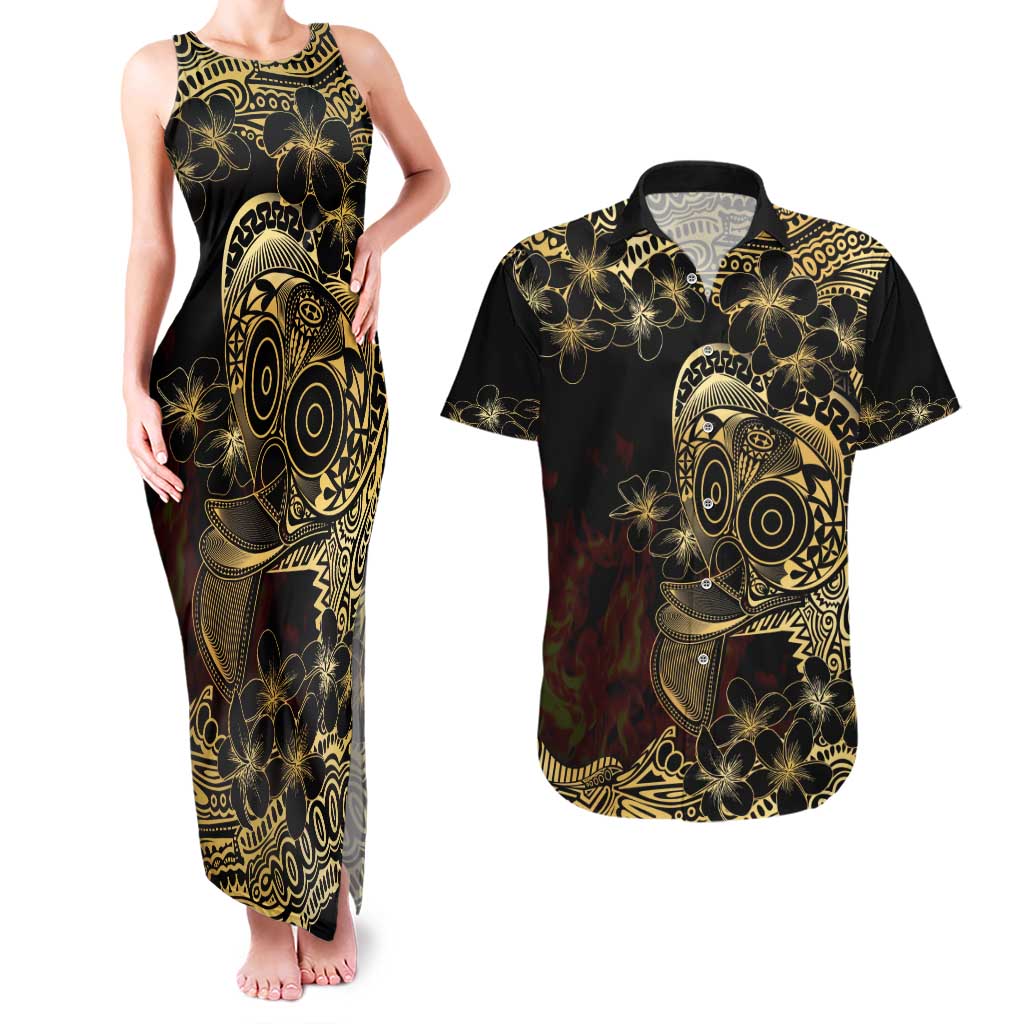 Frangipani Festival Rabaul Couples Matching Tank Maxi Dress and Hawaiian Shirt PNG Tribal Baining Mask Tattoo LT14 Black - Polynesian Pride
