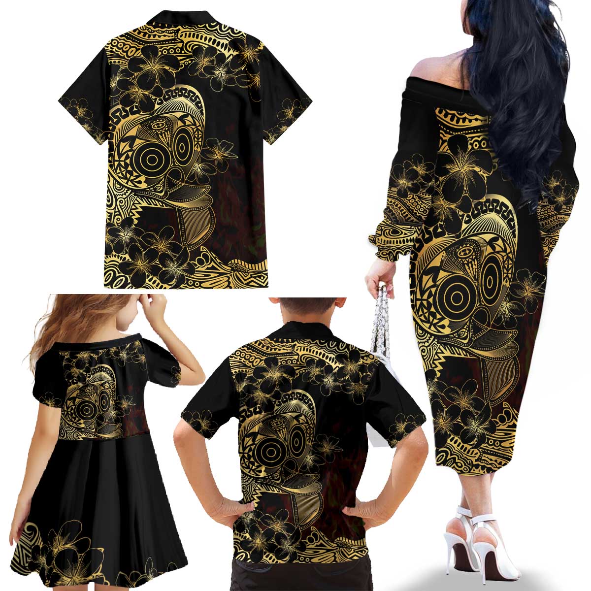 Frangipani Festival Rabaul Family Matching Off The Shoulder Long Sleeve Dress and Hawaiian Shirt PNG Tribal Baining Mask Tattoo LT14 - Polynesian Pride