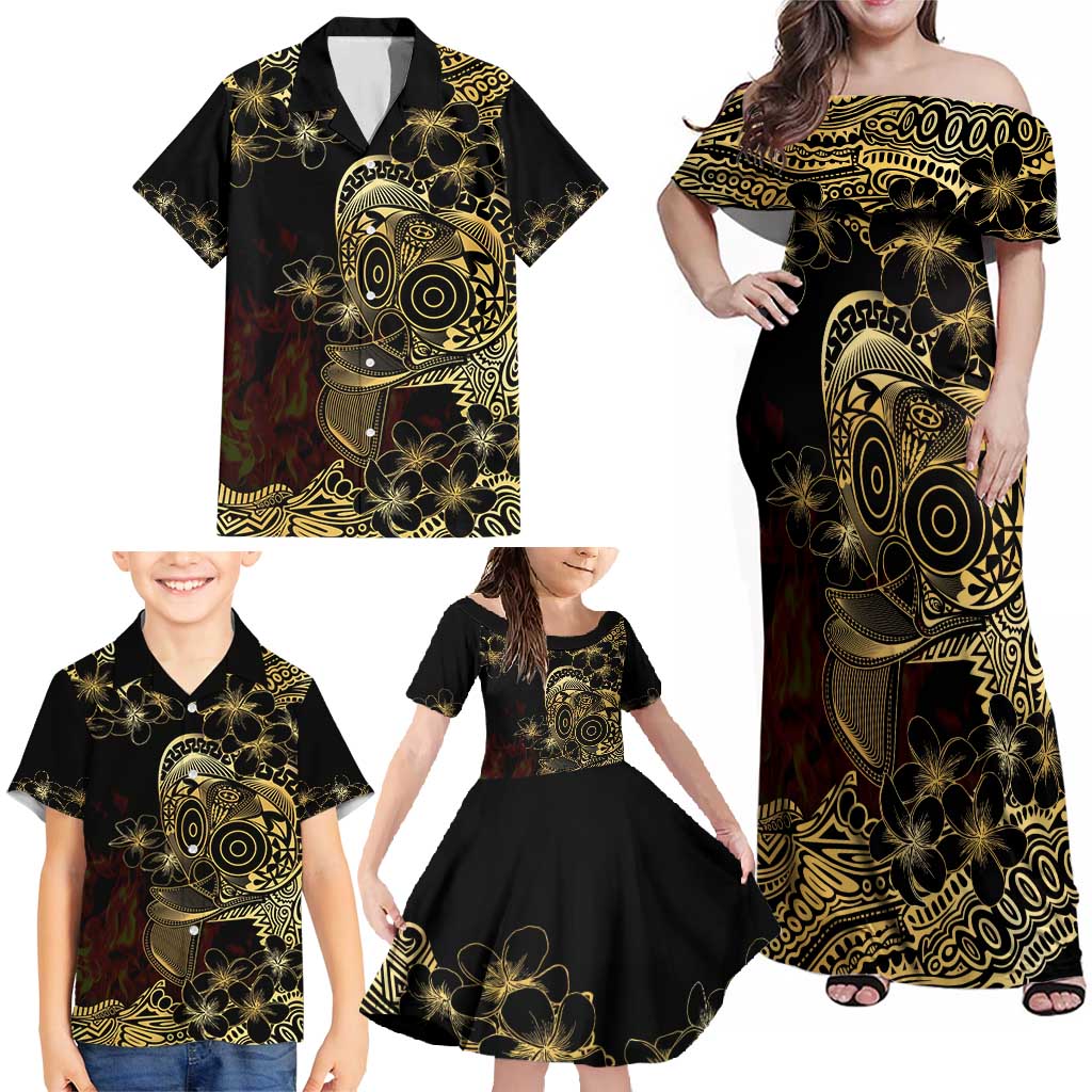 Frangipani Festival Rabaul Family Matching Off Shoulder Maxi Dress and Hawaiian Shirt PNG Tribal Baining Mask Tattoo LT14 - Polynesian Pride