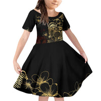 Frangipani Festival Rabaul Family Matching Off Shoulder Short Dress and Hawaiian Shirt PNG Tribal Baining Mask Tattoo LT14 Daughter's Dress Black - Polynesian Pride