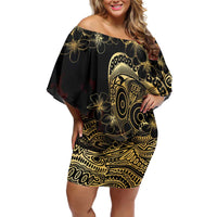 Frangipani Festival Rabaul Family Matching Off Shoulder Short Dress and Hawaiian Shirt PNG Tribal Baining Mask Tattoo LT14 Mom's Dress Black - Polynesian Pride