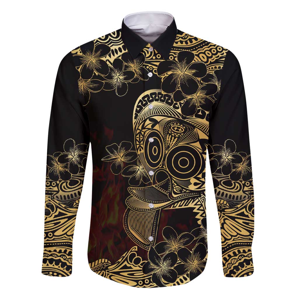 Frangipani Festival Rabaul Family Matching Short Sleeve Bodycon Dress and Hawaiian Shirt PNG Tribal Baining Mask Tattoo LT14 Dad's Shirt - Long Sleeve Black - Polynesian Pride
