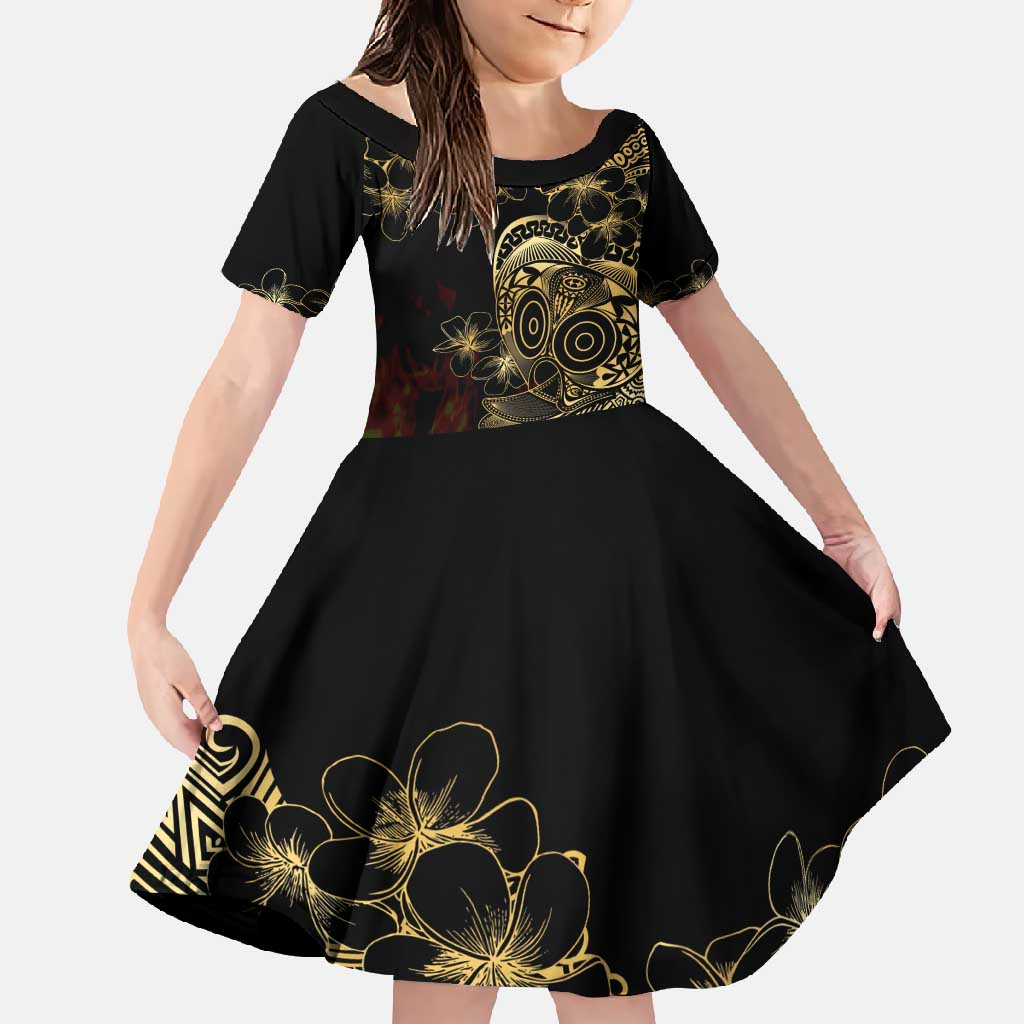 Frangipani Festival Rabaul Family Matching Tank Maxi Dress and Hawaiian Shirt PNG Tribal Baining Mask Tattoo LT14 Daughter's Dress Black - Polynesian Pride