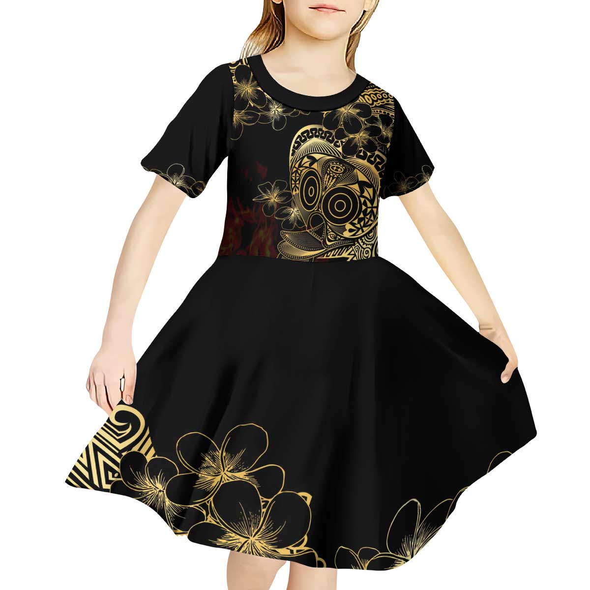 Frangipani Festival Rabaul Kid Short Sleeve Dress PNG Tribal Baining Mask Tattoo LT14 - Polynesian Pride