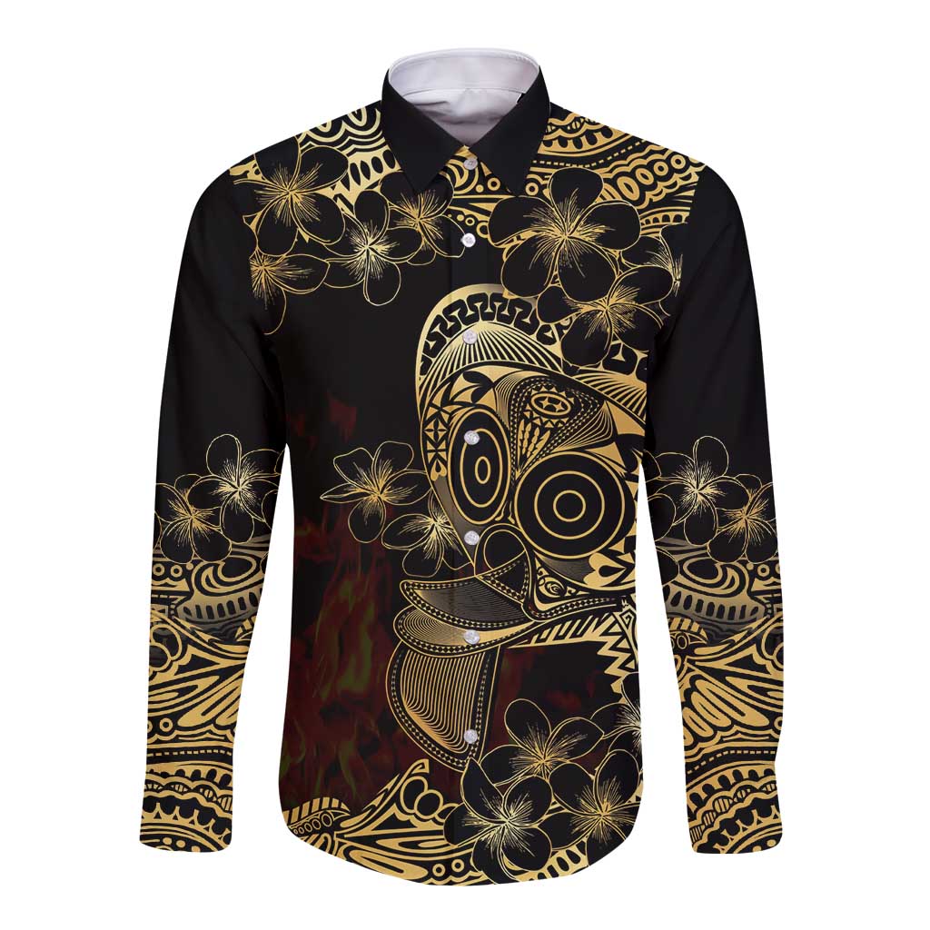 Frangipani Festival Rabaul Long Sleeve Button Shirt PNG Tribal Baining Mask Tattoo LT14 Unisex Black - Polynesian Pride