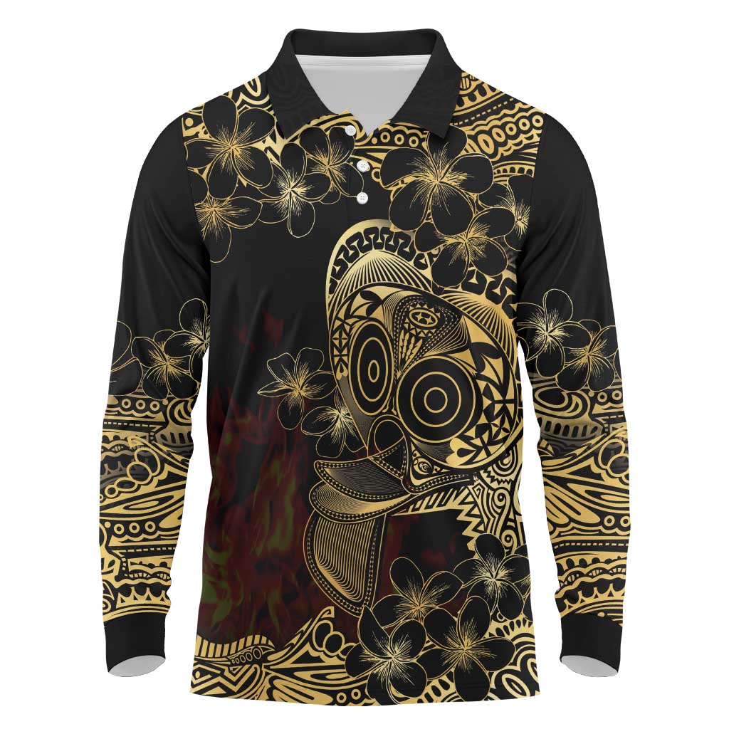 Frangipani Festival Rabaul Long Sleeve Polo Shirt PNG Tribal Baining Mask Tattoo LT14 Black - Polynesian Pride