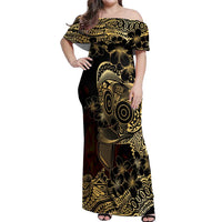 Frangipani Festival Rabaul Off Shoulder Maxi Dress PNG Tribal Baining Mask Tattoo LT14 Women Black - Polynesian Pride