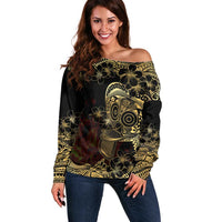 Frangipani Festival Rabaul Off Shoulder Sweater PNG Tribal Baining Mask Tattoo LT14 Women Black - Polynesian Pride