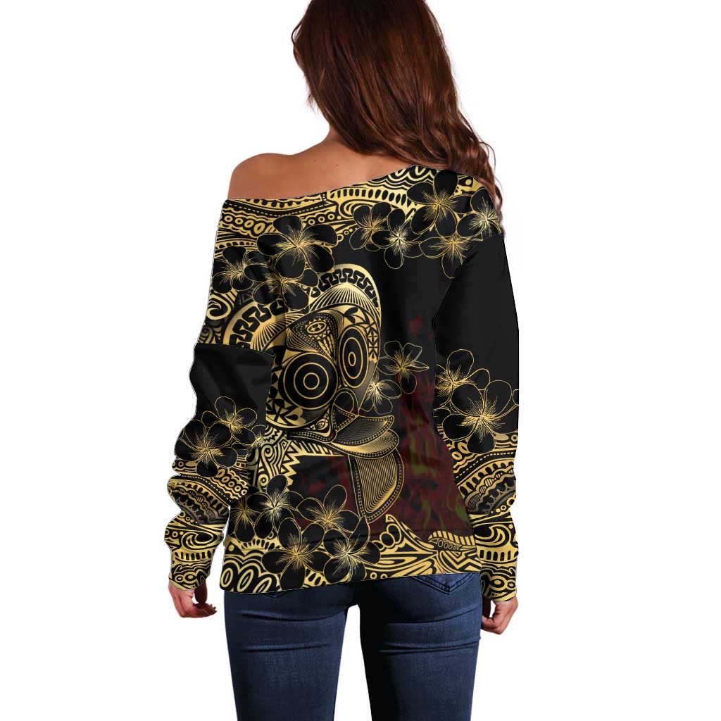 Frangipani Festival Rabaul Off Shoulder Sweater PNG Tribal Baining Mask Tattoo LT14 - Polynesian Pride