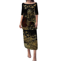 Frangipani Festival Rabaul Puletasi PNG Tribal Baining Mask Tattoo LT14 Long Dress Black - Polynesian Pride