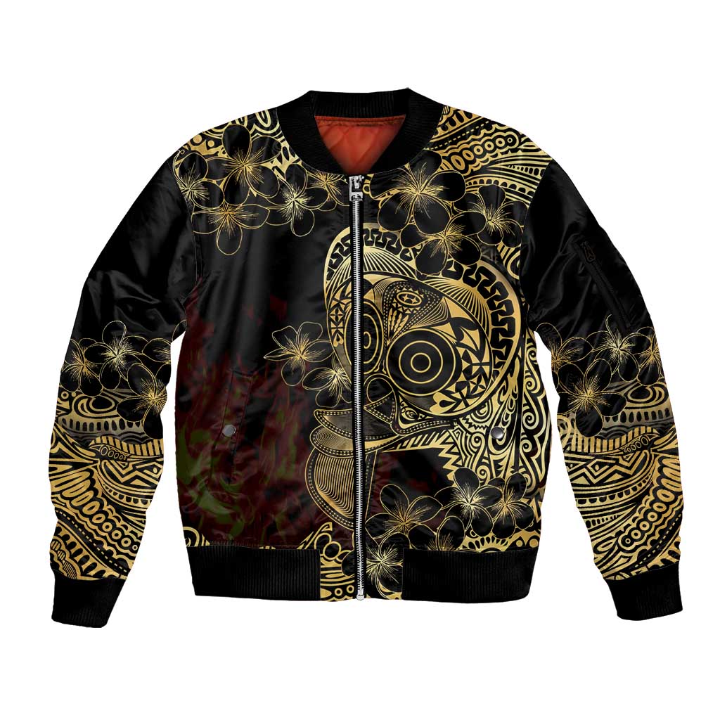 Frangipani Festival Rabaul Sleeve Zip Bomber Jacket PNG Tribal Baining Mask Tattoo LT14 Unisex Black - Polynesian Pride