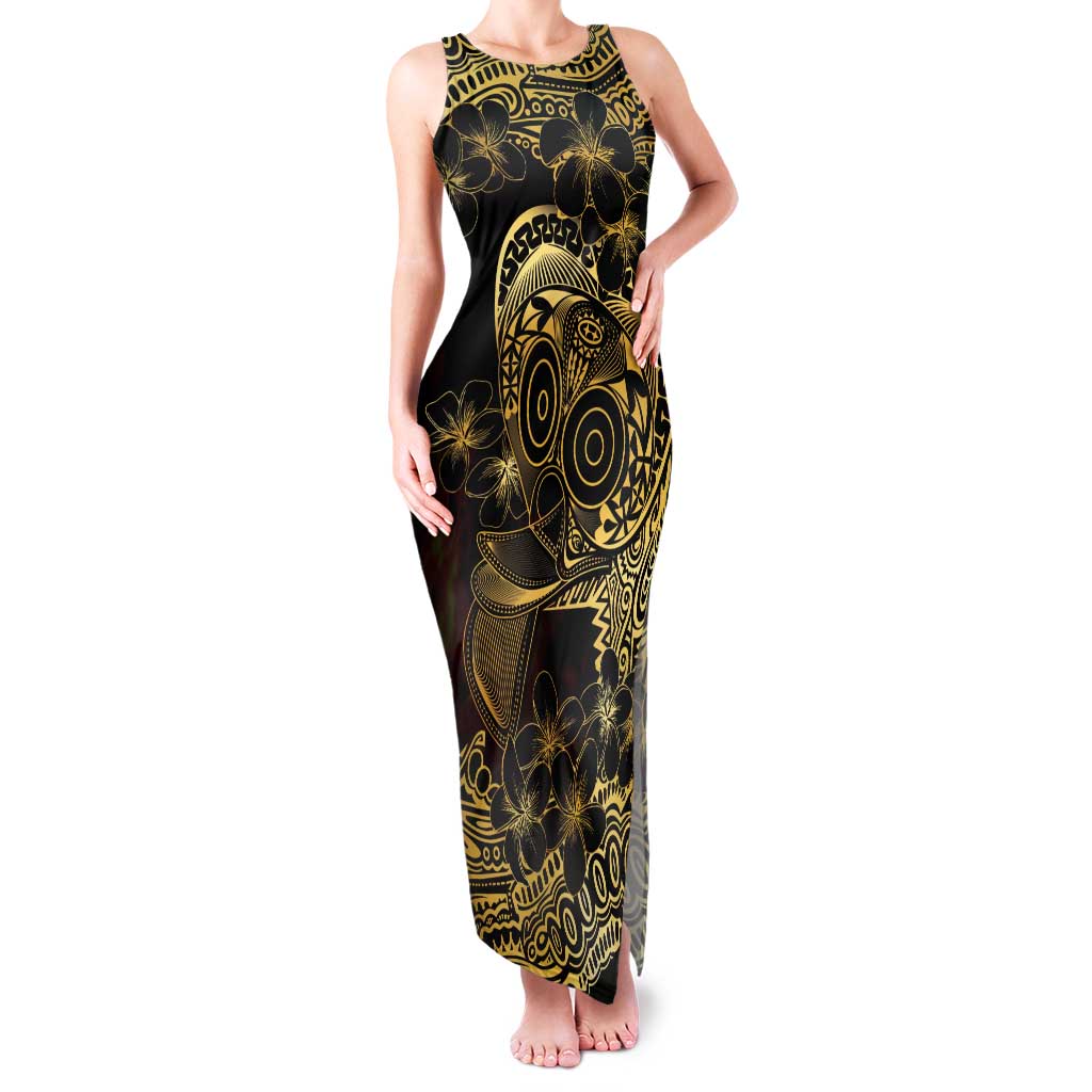 Frangipani Festival Rabaul Tank Maxi Dress PNG Tribal Baining Mask Tattoo LT14 Women Black - Polynesian Pride
