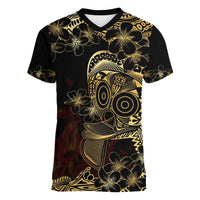 Frangipani Festival Rabaul Women V-Neck T-Shirt PNG Tribal Baining Mask Tattoo LT14 Female Black - Polynesian Pride