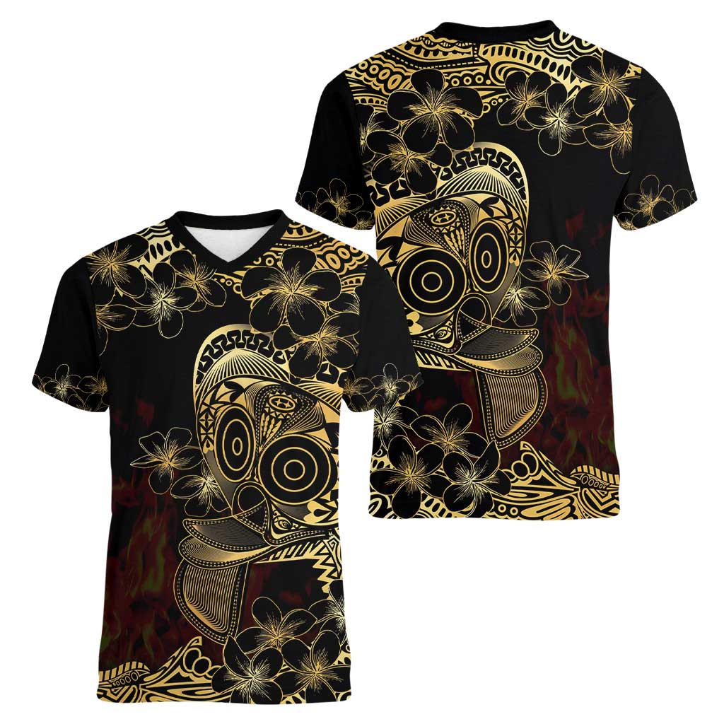 Frangipani Festival Rabaul Women V-Neck T-Shirt PNG Tribal Baining Mask Tattoo LT14 - Polynesian Pride