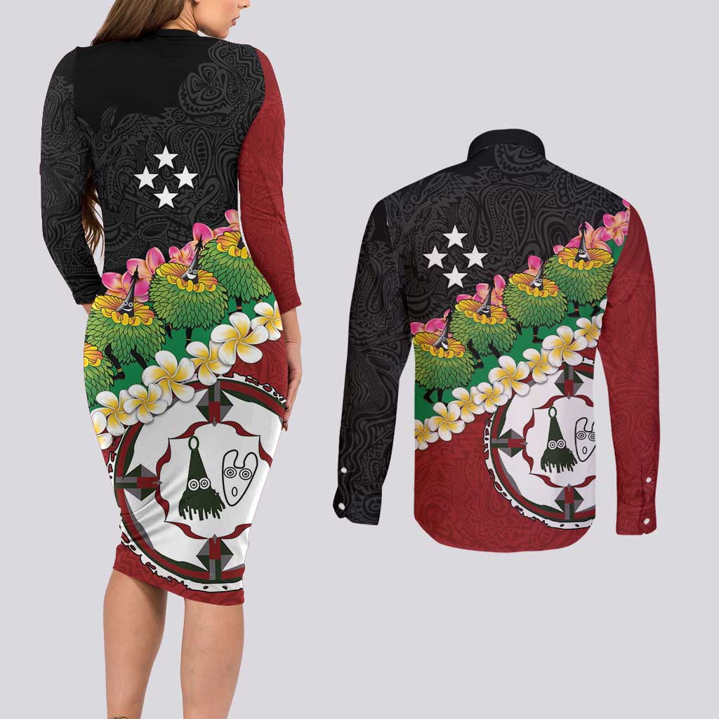 Frangipani Festival Rabaul East New Britain Couples Matching Long Sleeve Bodycon Dress and Long Sleeve Button Shirt Dukduk Dance With Plumeria LT14 - Polynesian Pride