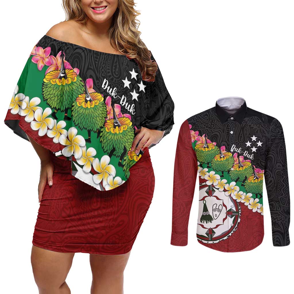 Frangipani Festival Rabaul East New Britain Couples Matching Off Shoulder Short Dress and Long Sleeve Button Shirt Dukduk Dance With Plumeria LT14 Red - Polynesian Pride