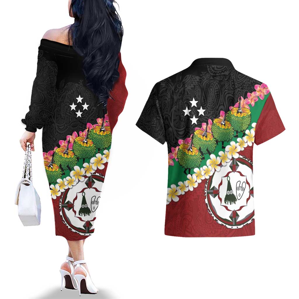 Frangipani Festival Rabaul East New Britain Couples Matching Off The Shoulder Long Sleeve Dress and Hawaiian Shirt Dukduk Dance With Plumeria LT14 - Polynesian Pride